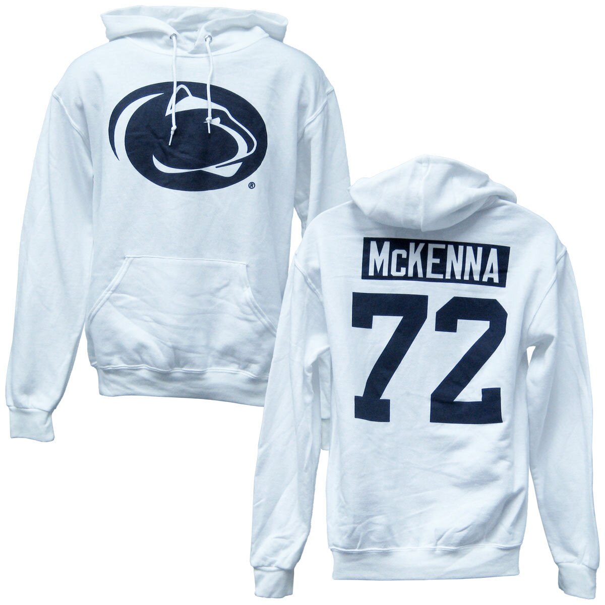 white hooded sweatshirt Penn State Athletic Logo on front, McKenna 72 on back